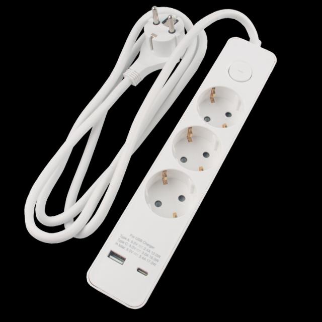 3 Stikdåse m/1,5m ledn. m/afbr + USB-A/USB-C hvid