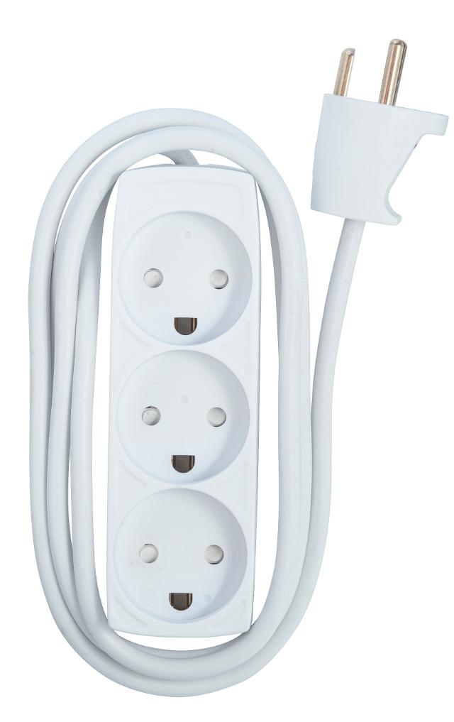 3-stikdåse m/jord hvid 1,5m 230V 10A