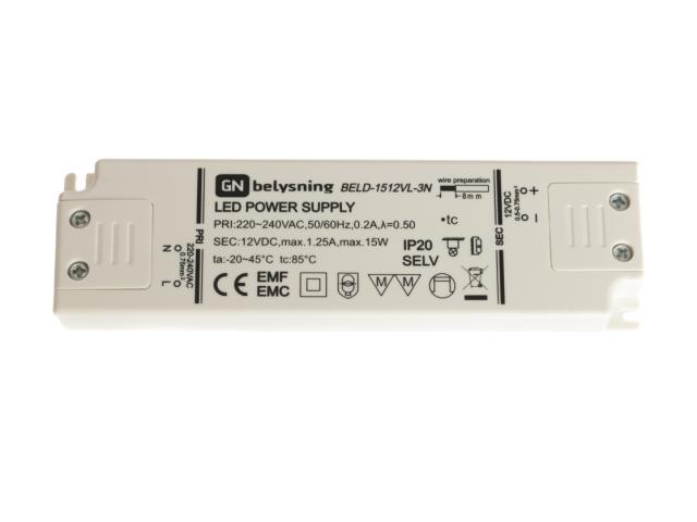 LED driver 12V DC 15W 140x48x15mm hvid