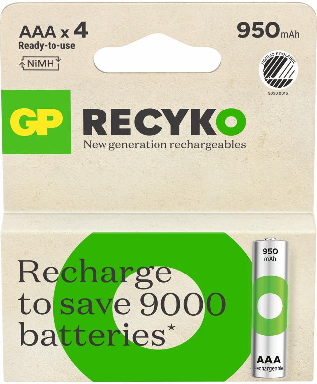 GP Recyko AAA-batteri, 950 mAh, 4-pak