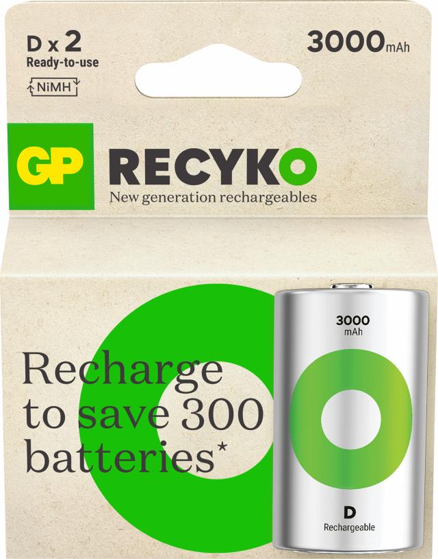 GP Recyko D-batteri 3000 mAh, 2-pak