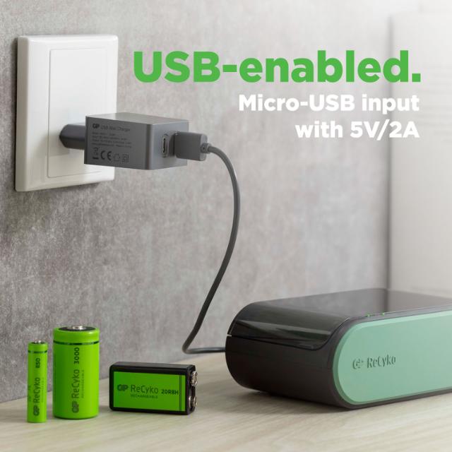 GP batterioplader ReCyko for AAA, AA, C, D og 9V