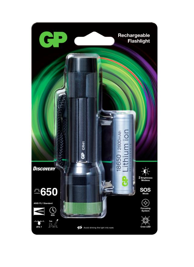 GP lommelygte CR41 LED 600lm 1x18650, inkl.