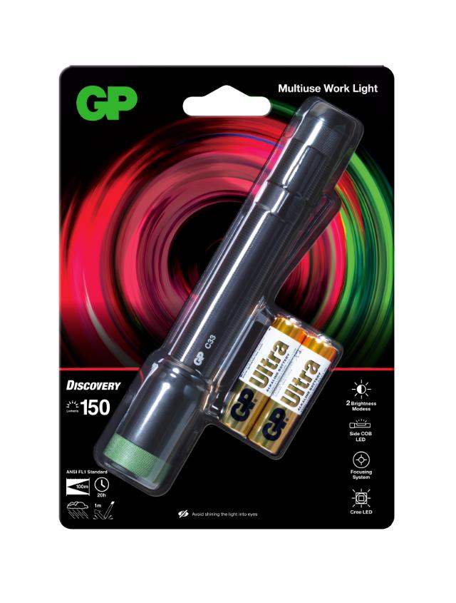 GP lommelygte C33 LED 150lm m/sidelys 2xAA, inkl