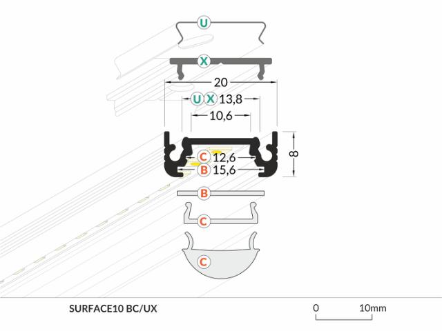 DIOFLEX Alu profil SURFACE10 BC/UX 1m alu.