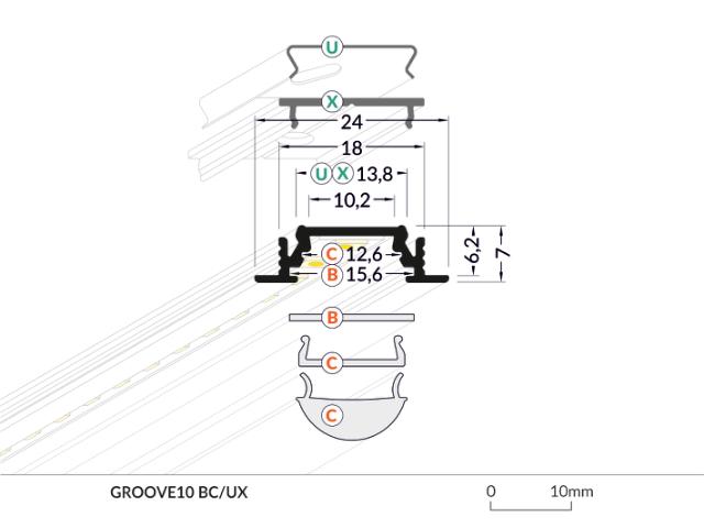 DIOFLEX Alu profil GROOVE10 BC/UX indbyg 2m 24x7mm