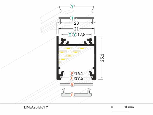 DIOFLEX Alu profil LINEA20 EF/TY 2m 23x25,1mm