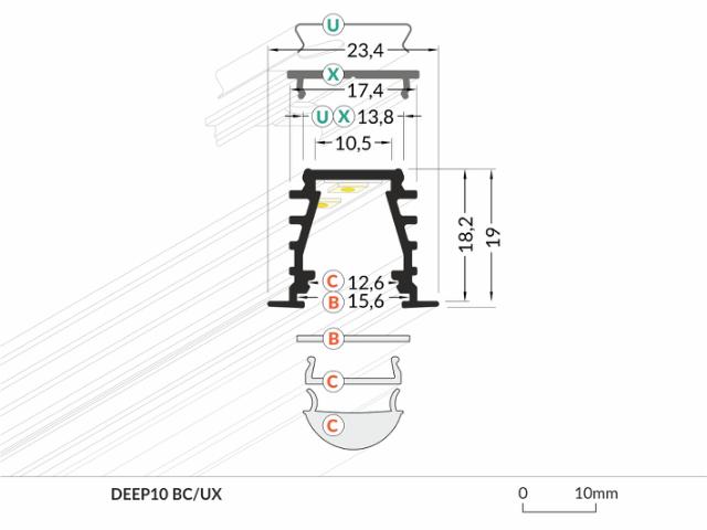 DIOFLEX Alu profil DEEP10 C/UX 1m 23,4x19mm
